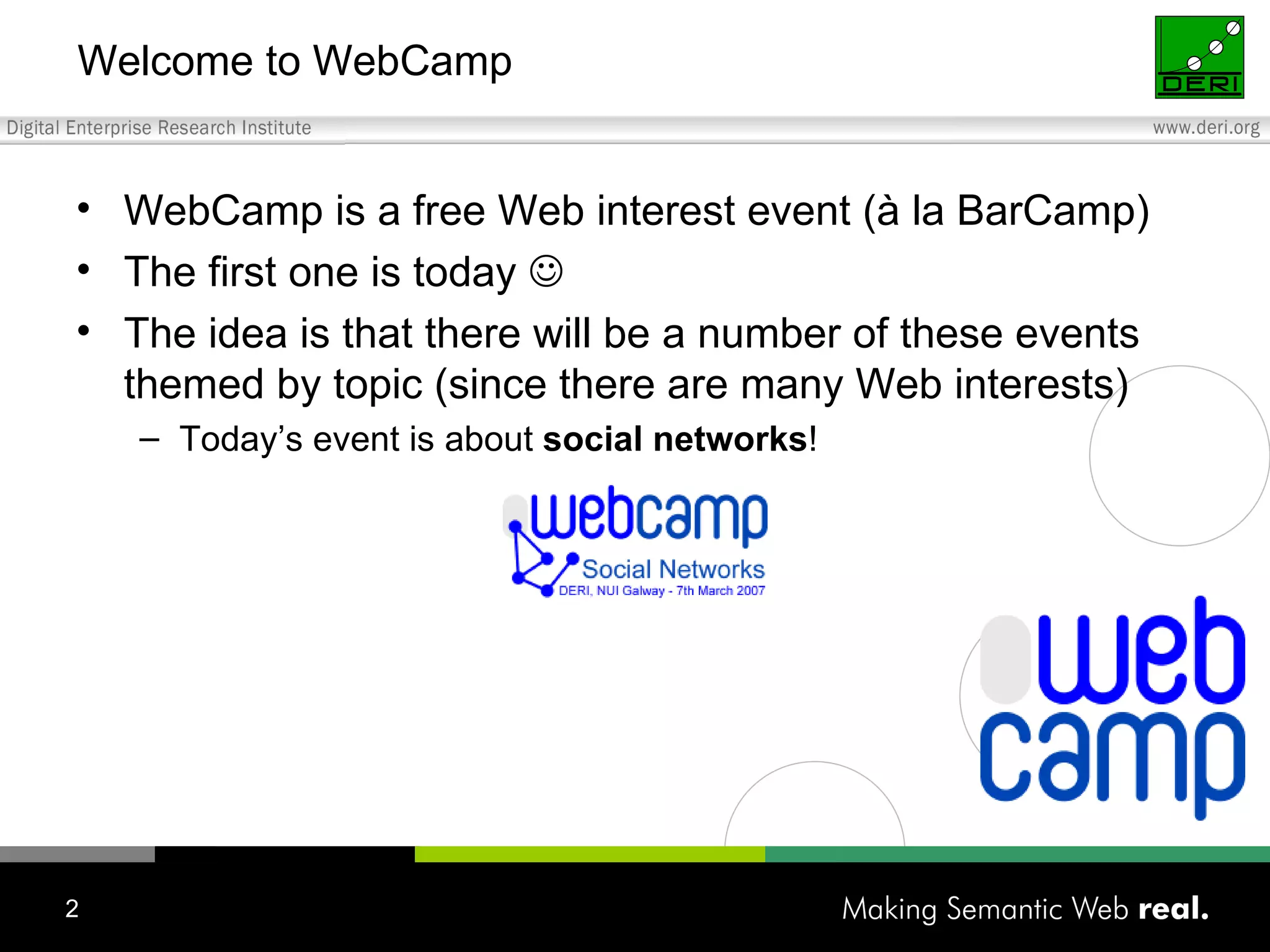 Welcome to WebCamp WebCamp is a free Web interest event (à la BarCamp) The first one is today   The idea is that there will be a number of these events themed by topic (since there are many Web interests) Today’s event is about  social networks ! 