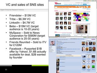 VC and sales of SNS sites Friendster – $13M VC Tribe – $6.3M VC LinkedIn – $4.7M VC Bebo – $15M VC (target audience is 10-20 years) MySpace – Sold to News Corporation for $580M (target audience is 20-30 years) Friends Reunited – Sold to ITV for £120M Facebook – Purported $1B offer by Yahoo!, $1.6B actually available for deal, $2B wanted by founder 