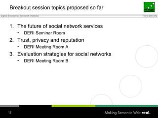 Breakout session topics proposed so far The future of social network services DERI Seminar Room Trust, privacy and reputation DERI Meeting Room A Evaluation strategies for social networks DERI Meeting Room B 