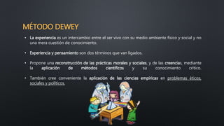 MÉTODO DEWEY
• La experiencia es un intercambio entre el ser vivo con su medio ambiente físico y social y no
una mera cuestión de conocimiento.
• Experiencia y pensamiento son dos términos que van ligados.
• Propone una reconstrucción de las prácticas morales y sociales, y de las creencias, mediante
la aplicación de métodos científicos y su conocimiento crítico.
• También cree conveniente la aplicación de las ciencias empíricas en problemas éticos,
sociales y políticos.
 