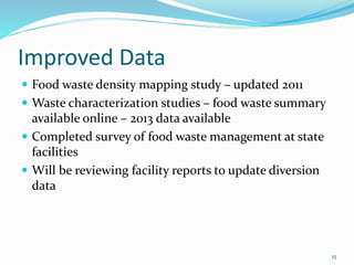 Improved Data
 Food waste density mapping study – updated 2011
 Waste characterization studies – food waste summary
available online – 2013 data available
 Completed survey of food waste management at state
facilities
 Will be reviewing facility reports to update diversion
data
15
 