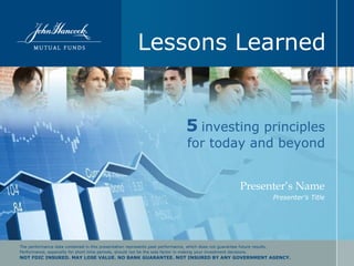 Lessons Learned

5 investing principles

for today and beyond
Presenter’s Name
Presenter’s Title

The performance data contained in this presentation represents past performance, which does not guarantee future results.
Performance, especially for short time periods, should not be the sole factor in making your investment decisions.

NOT FDIC INSURED. MAY LOSE VALUE. NO BANK GUARANTEE. NOT INSURED BY ANY GOVERNMENT AGENCY.

 
