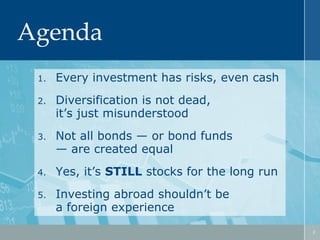 Agenda
1.

Every investment has risks, even cash

2.

Diversification is not dead,
it’s just misunderstood

3.

Not all bonds — or bond funds
— are created equal

4.

Yes, it’s STILL stocks for the long run

5.

Investing abroad shouldn’t be
a foreign experience
2

 