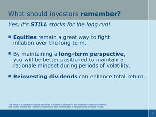 What should investors remember?
Yes, it’s STILL stocks for the long run!


Equities remain a great way to fight
inflation over the long term.



By maintaining a long-term perspective,
you will be better positioned to maintain a
rationale mindset during periods of volatility.



Reinvesting dividends can enhance total return.

The value of a company’s equity securities is subject to change in the company’s financial condition,
and overall market and economic conditions. Past performance is no guarantee of future results.
32

 