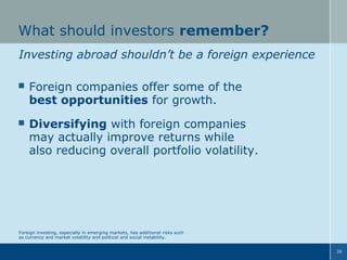 What should investors remember?
Investing abroad shouldn’t be a foreign experience


Foreign companies offer some of the
best opportunities for growth.



Diversifying with foreign companies
may actually improve returns while
also reducing overall portfolio volatility.

Foreign investing, especially in emerging markets, has additional risks such
as currency and market volatility and political and social instability.
38

 