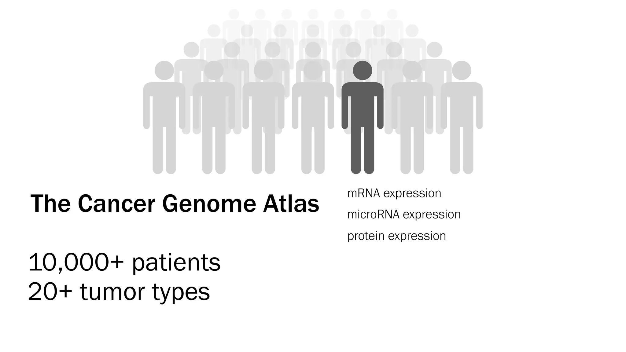 microRNA expression
protein expression
mRNA expression
The Cancer Genome Atlas
10,000+ patients
20+ tumor types
 