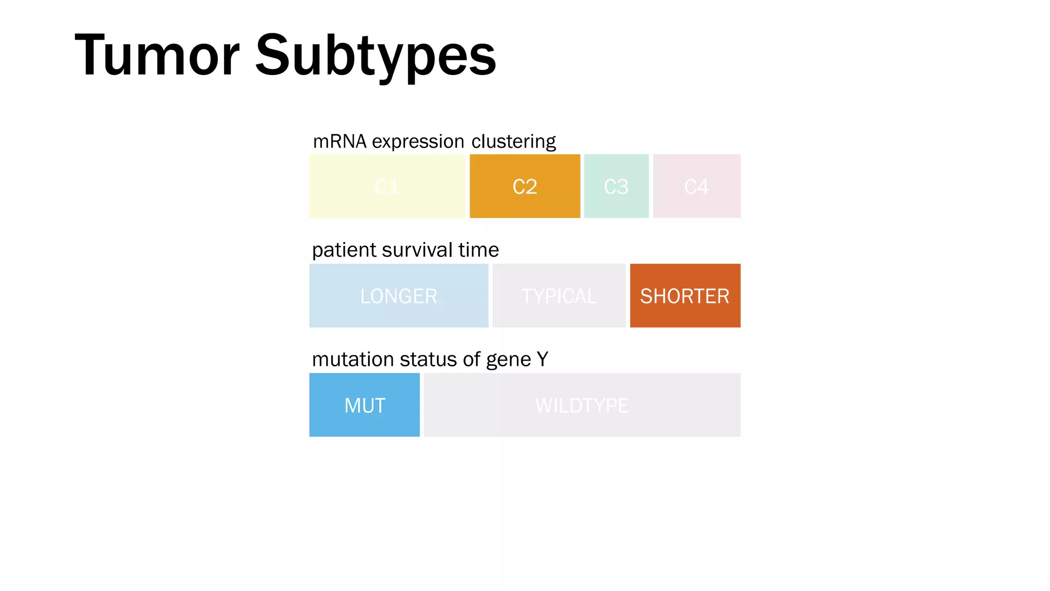C4C3C2C1
WILDTYPEMUT
mRNA expression clustering
patient survival time
mutation status of gene Y
Tumor Subtypes
LONGER TYPICAL SHORTER
 
