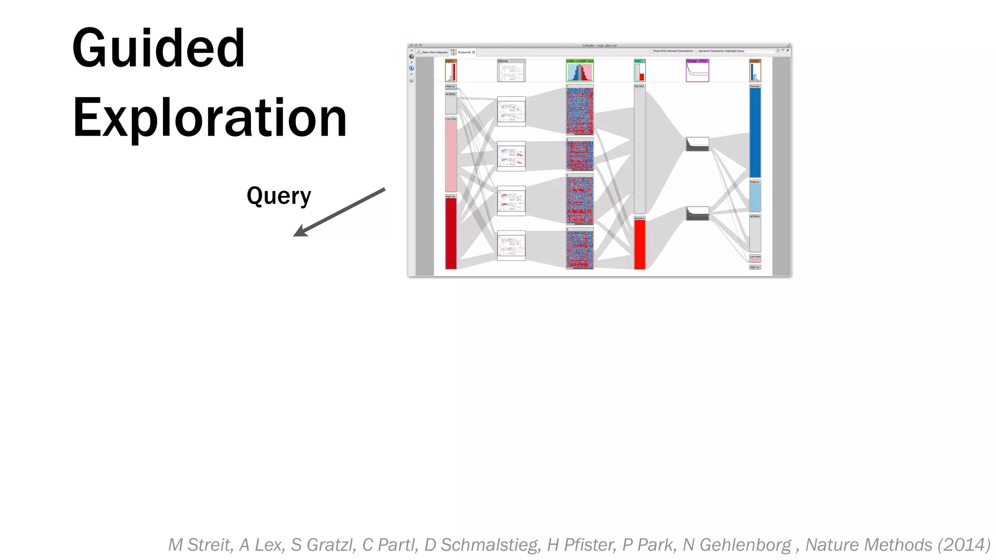Query
Stratifications
Clinical Params
Pathways
Guided
Exploration
M Streit, A Lex, S Gratzl, C Partl, D Schmalstieg, H Pfister, P Park, N Gehlenborg , Nature Methods (2014)
 