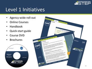 Level 1 Initiatives
•   Agency-wide roll-out
•   Online Courses
•   Handbook
•   Quick-start guide
•   Course DVD
•   Brochures




                           16
 