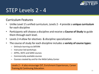 STEP Levels 2 - 4
Curriculum Features
• Unlike Level 1’s unified curriculum, Levels 2 - 4 provide a unique curriculum
  for each discipline
• Participants will choose a discipline and receive a Course of Study to guide
  them through each level.
• Levels 2-4 allow for electives & discipline specialization
• The course of study for each discipline includes a variety of course types:
    –   Online/e-learning via SATERN
    –   Instructor-led workshops
    –   APPEL, NSTC and SARD courses
    –   Commercially-available courses
    –   Courses created by and for the NASA Safety Center

     Levels 2 – 4 also encourage OJT, Enrichment Experiences, Career
     Training & Continuing Education.
                                                                            18
 