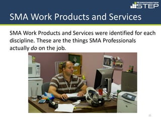 SMA Work Products and Services
SMA Work Products and Services were identified for each
discipline. These are the things SMA Professionals
actually do on the job.




                                                    21
 