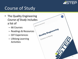 Course of Study
• The Quality Engineering
  Course of Study includes
  a list of
   –   66 Courses
   –   Readings & Resources
   –   OJT Experiences
   –   Lifelong Learning
       Activities




                              56
 