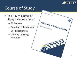 Course of Study
• The R & M Course of
  Study includes a list of
   –   32 Courses
   –   Readings & Resources
   –   OJT Experiences
   –   Lifelong Learning
       Activities




                              63
 