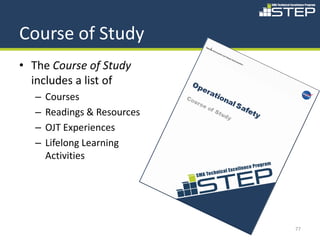 Course of Study
• The Course of Study
  includes a list of
   –   Courses
   –   Readings & Resources
   –   OJT Experiences
   –   Lifelong Learning
       Activities




                              77
 