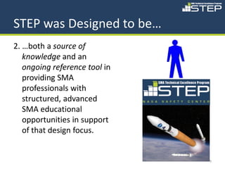 STEP was Designed to be…
2. …both a source of
   knowledge and an
   ongoing reference tool in
   providing SMA
   professionals with
   structured, advanced
   SMA educational
   opportunities in support
   of that design focus.


                               9
 