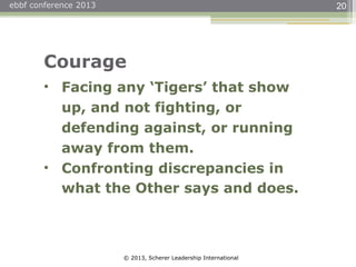 © 2013, Scherer Leadership International
ebbf conference 2013 20
Courage
• Facing any ‘Tigers’ that show
up, and not fighting, or
defending against, or running
away from them.
• Confronting discrepancies in
what the Other says and does.
 