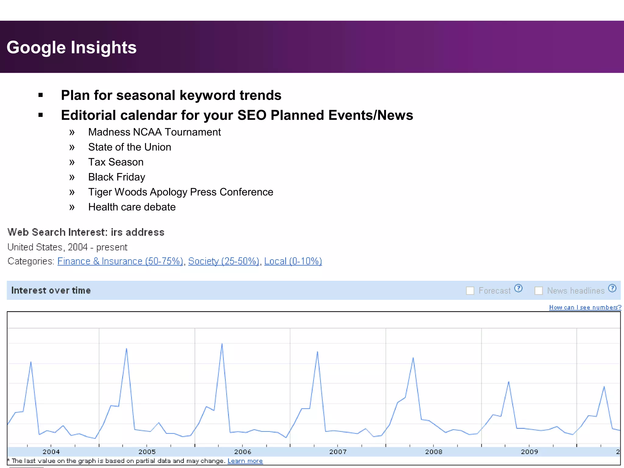 Google Insights

      Plan for seasonal keyword trends
      Editorial calendar for your SEO Planned Events/News
        »   Madness NCAA Tournament
        »   State of the Union
        »   Tax Season
        »   Black Friday
        »   Tiger Woods Apology Press Conference
        »   Health care debate




@JShehata                                                    Slide 29
 