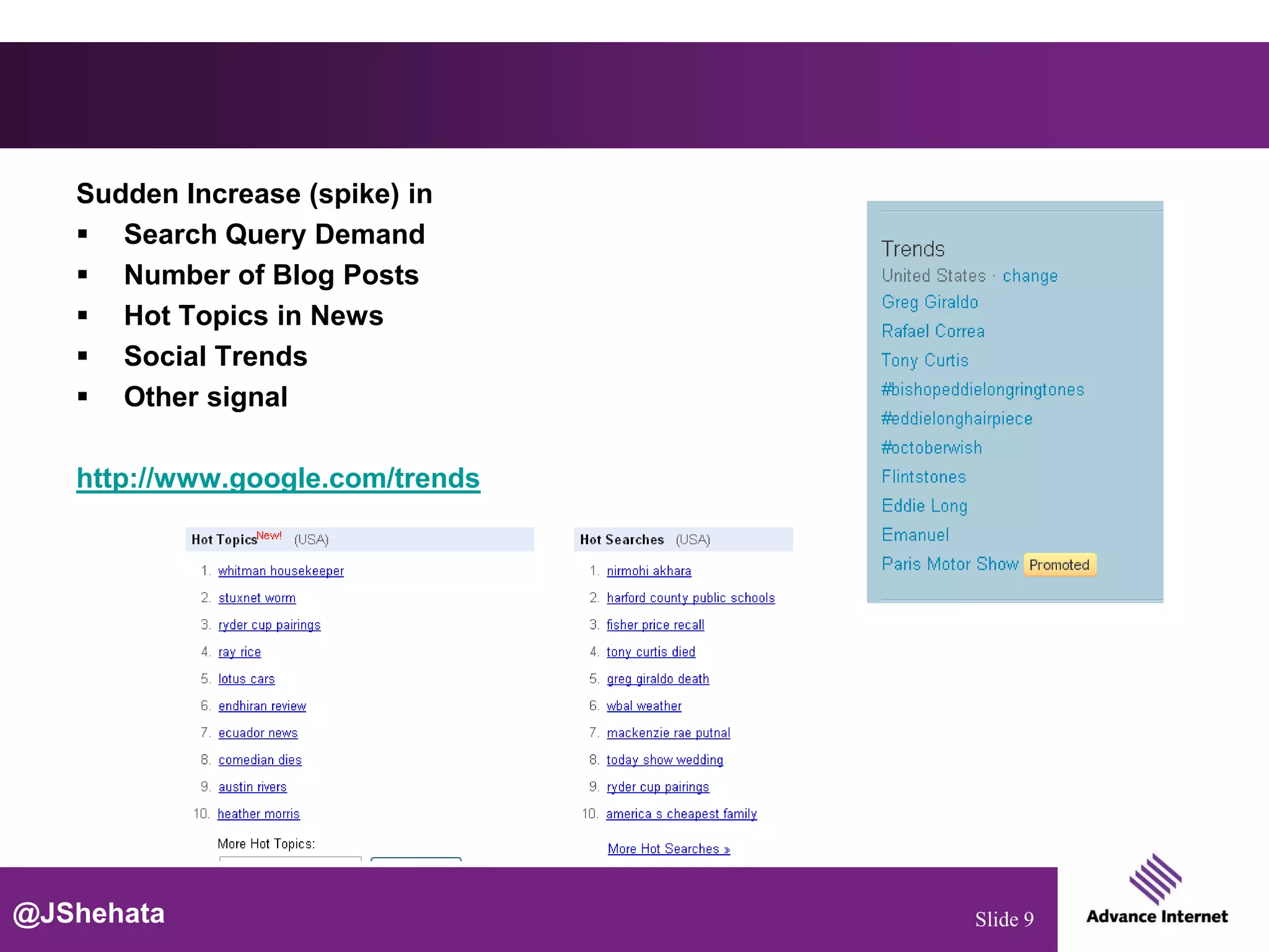 Sudden Increase (spike) in
    Search Query Demand
    Number of Blog Posts
    Hot Topics in News
    Social Trends
    Other signal

   http://www.google.com/trends




@JShehata                         Slide 9
 