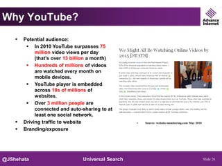 Why YouTube?
       Potential audience:
          In 2010 YouTube surpasses 75
             million video views per day
             (that’s over 13 billion a month)
          Hundreds of millions of videos
             are watched every month on
             mobile devices.
          YouTube player is embedded
             across 10s of millions of
             websites.
          Over 3 million people are
             connected and auto-sharing to at
             least one social network.
       Driving traffic to website                 •   Source: website-monitoring.com May 2010

       Branding/exposure




@JShehata                       Universal Search                                                 Slide 26
 