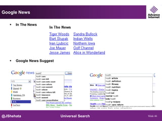 Google News

      In The News




      Google News Suggest




@JShehata                    Universal Search   Slide 46
 