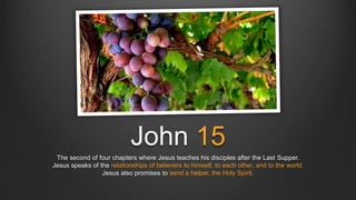 John 15
 The second of four chapters where Jesus teaches his disciples after the Last Supper.
Jesus speaks of the relationships of believers to himself, to each other, and to the world.
                 Jesus also promises to send a helper, the Holy Spirit.
 