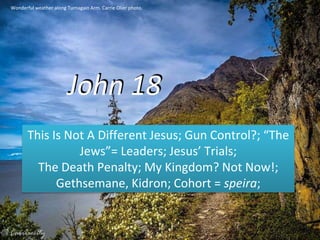 John 18
This Is Not A Different Jesus; Gun Control?; “The
Jews”= Leaders; Jesus’ Trials;
The Death Penalty; My Kingdom? Not Now!;
Gethsemane, Kidron; Cohort = speira;
Wonderful weather along Turnagain Arm. Carrie Olier photo.
 