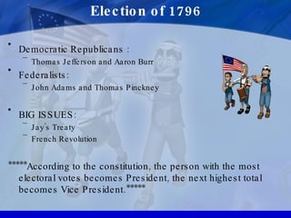 Election of 1796 Democratic Republicans :  Thomas Jefferson and Aaron Burr Federalists:  John Adams and Thomas Pinckney BIG ISSUES: Jay’s Treaty French Revolution *****According to the constitution, the person with the most electoral votes becomes President, the next highest total becomes Vice President.***** 