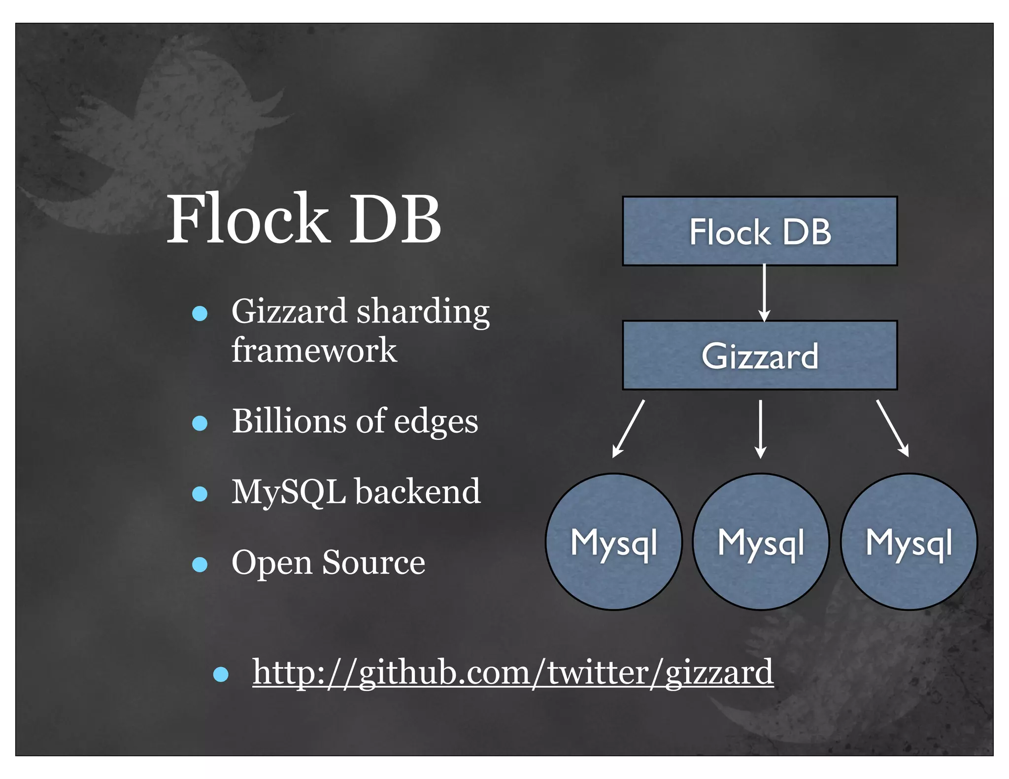 Flock DB                         Flock DB

•   Gizzard sharding
    framework                    Gizzard
•   Billions of edges

•   MySQL backend
                         Mysql    Mysql     Mysql
•   Open Source


 •   http://github.com/twitter/gizzard
 