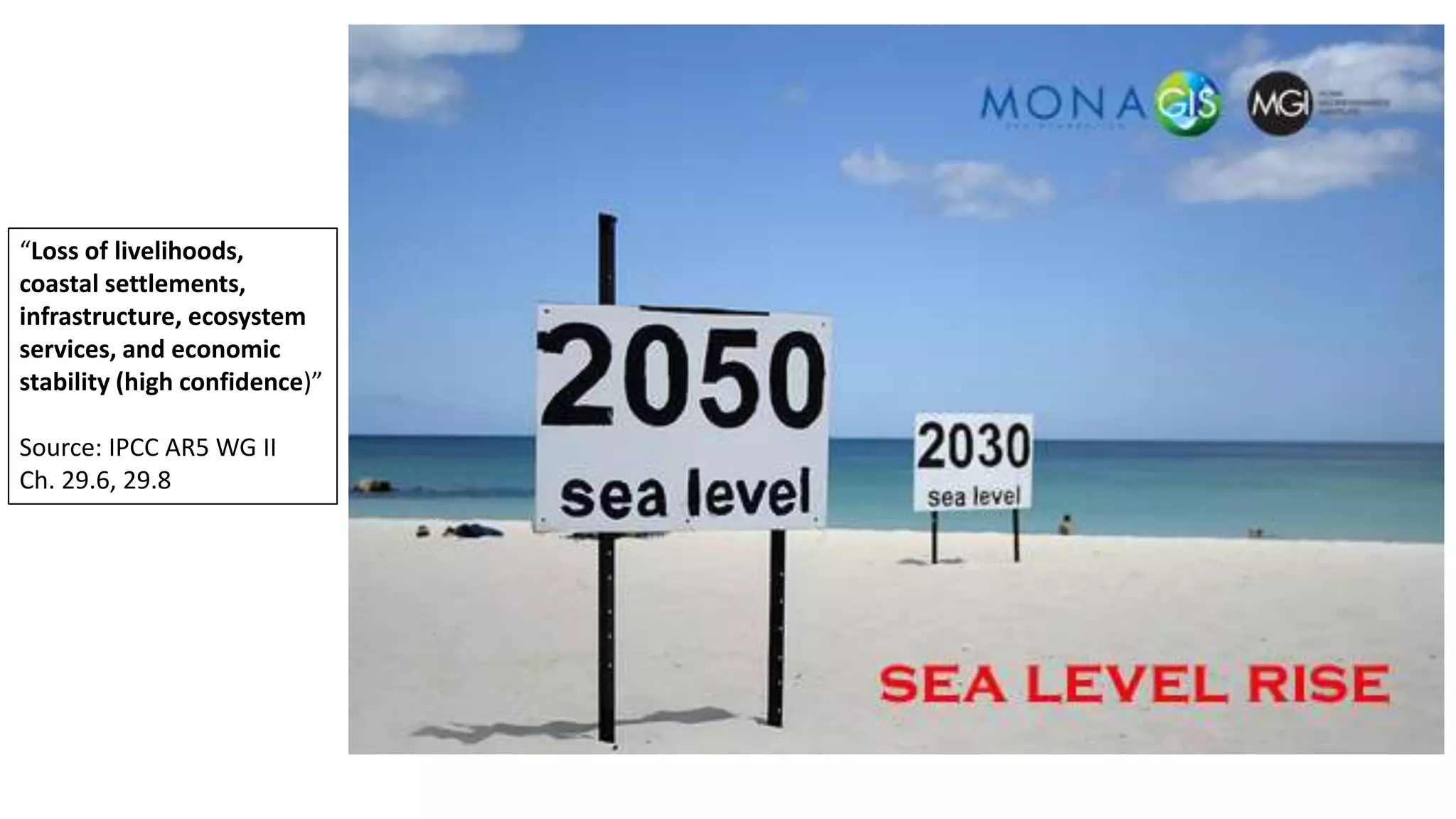 “Loss of livelihoods,
coastal settlements,
infrastructure, ecosystem
services, and economic
stability (high confidence)”
Source: IPCC AR5 WG II
Ch. 29.6, 29.8
 