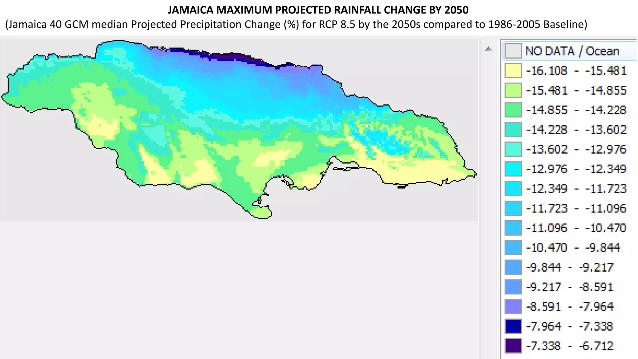 JAMAICA MAXIMUM PROJECTED RAINFALL CHANGE BY 2050
(Jamaica 40 GCM median Projected Precipitation Change (%) for RCP 8.5 by the 2050s compared to 1986-2005 Baseline)
 