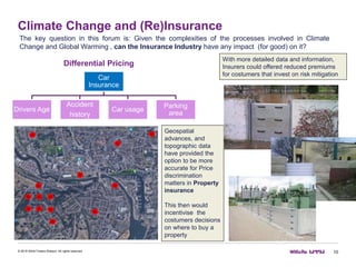 Climate Change and (Re)Insurance
10© 2016 Willis Towers Watson. All rights reserved.
The key question in this forum is: Given the complexities of the processes involved in Climate
Change and Global Warming , can the Insurance Industry have any impact (for good) on it?
Car
Insurance
Drivers Age
Accident
history
Car usage
Parking
area
Differential Pricing
Geospatial
advances, and
topographic data
have provided the
option to be more
accurate for Price
discrimination
matters in Property
insurance
This then would
incentivise the
costumers decisions
on where to buy a
property
With more detailed data and information,
Insurers could offered reduced premiums
for costumers that invest on risk mitigation
 