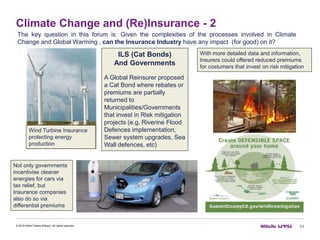 Climate Change and (Re)Insurance - 2
11© 2016 Willis Towers Watson. All rights reserved.
The key question in this forum is: Given the complexities of the processes involved in Climate
Change and Global Warming , can the Insurance Industry have any impact (for good) on it?
ILS (Cat Bonds)
And Governments
A Global Reinsurer proposed
a Cat Bond where rebates or
premiums are partially
returned to
Municipalities/Governments
that invest in Risk mitigation
projects (e.g. Riverine Flood
Defences implementation,
Sewer system upgrades, Sea
Wall defences, etc)
With more detailed data and information,
Insurers could offered reduced premiums
for costumers that invest on risk mitigation
Wind Turbine Insurance
protecting energy
production
Not only governments
incentivise cleaner
energies for cars via
tax relief, but
Insurance companies
also do so via
differential premiums
 
