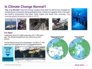 Is Climate Change Normal?
4© 2016 Willis Towers Watson. All rights reserved.
Yes, it is Normal! Paleoclimatology studies show that the planet has changed its
temperatures constantly along geological time. Evidence suggests that in the past
the Earth’s temperature has been much higher and lower than currently. The
average global temperature today is 15 OC.
Ice Ages
Lasted from about 2.4 million years ago until 11,500 years
ago. The climate changed from very cold to very warm
periods.
The last Glacial period occurred between 115,000 to 11,700
years ago and currently we are in an Interglacial period
Average
10 oC
lower
Temperature
 