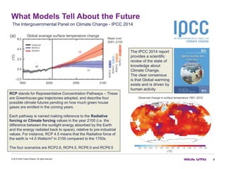 What Models Tell About the Future
8© 2016 Willis Towers Watson. All rights reserved.
The Intergovernmental Panel on Climate Change - IPCC 2014
The IPCC 2014 report
provides a scientific
review of the state of
knowledge about
Climate Change.
The clear consensus
is that Global warming
exists and is driven by
human activity
RCP stands for Representative Concentration Pathways – These
are Greenhouse gas trajectories adopted, and describe four
possible climate futures pending on how much green house
gases are emitted in the coming years.
Each pathway is named making reference to the Radiative
forcing or Climate forcing values in the year 2100 (i.e. the
difference between the sunlight energy absorbed by the Earth
and the energy radiated back to space), relative to pre-industrial
values. For instance, RCP 4.5 means that the Radiative force of
the earth is +4.5 Watts/m2 in 2100 compared to the 1750s.
The four scenarios are RCP2.6, RCP4.5, RCP6.0 and RCP8.5
 
