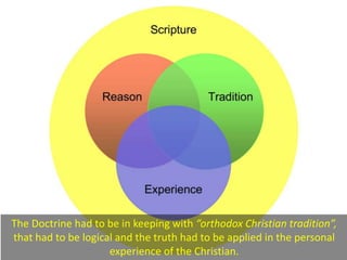 The Doctrine had to be in keeping with “orthodox Christian tradition”,
that had to be logical and the truth had to be applied in the personal
experience of the Christian.
 
