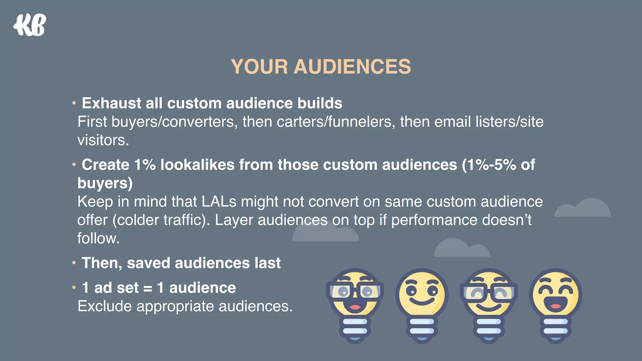 • Exhaust all custom audience builds 
First buyers/converters, then carters/funnelers, then email listers/site
visitors.
• Create 1% lookalikes from those custom audiences (1%-5% of
buyers) 
Keep in mind that LALs might not convert on same custom audience
offer (colder trafﬁc). Layer audiences on top if performance doesn’t
follow.
• Then, saved audiences last
• 1 ad set = 1 audience 
Exclude appropriate audiences.
YOUR AUDIENCES
 