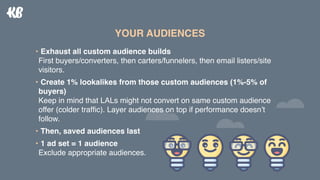 • Exhaust all custom audience builds 
First buyers/converters, then carters/funnelers, then email listers/site
visitors.
•...