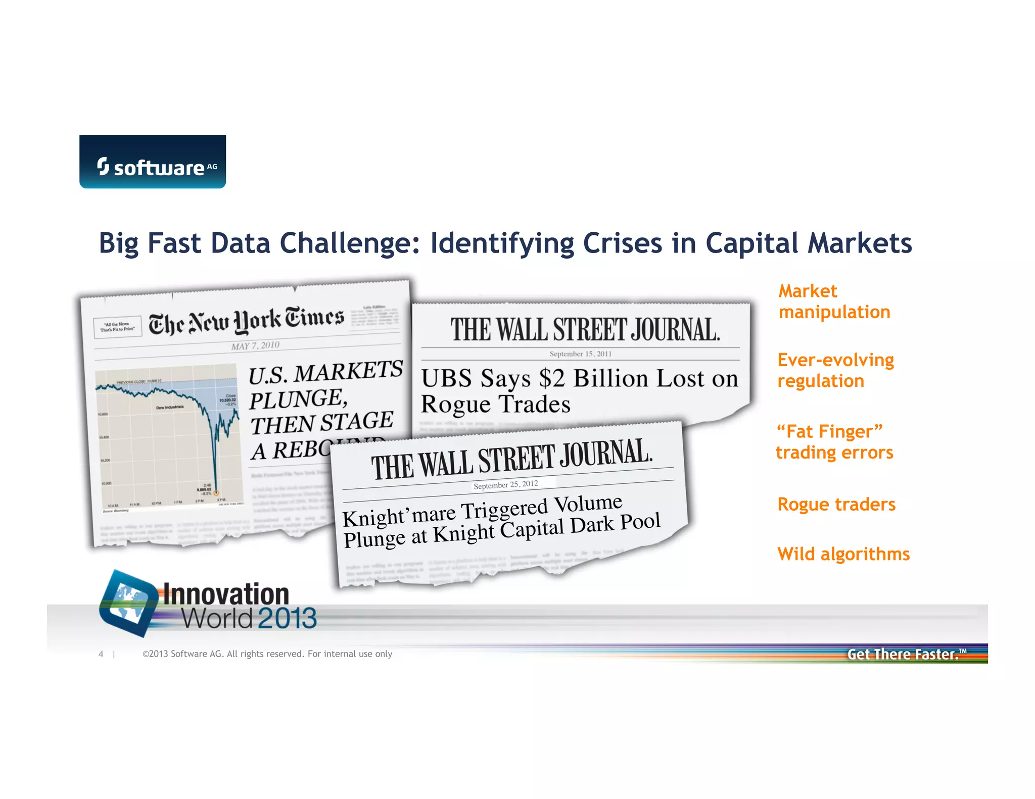 Big Fast Data Challenge: Identifying Crises in Capital Markets
Market
manipulation
Ever-evolving
regulation
“Fat Finger”
trading errors
Rogue traders
Wild algorithms

4 |

©2013 Software AG. All rights reserved. For internal use only

 