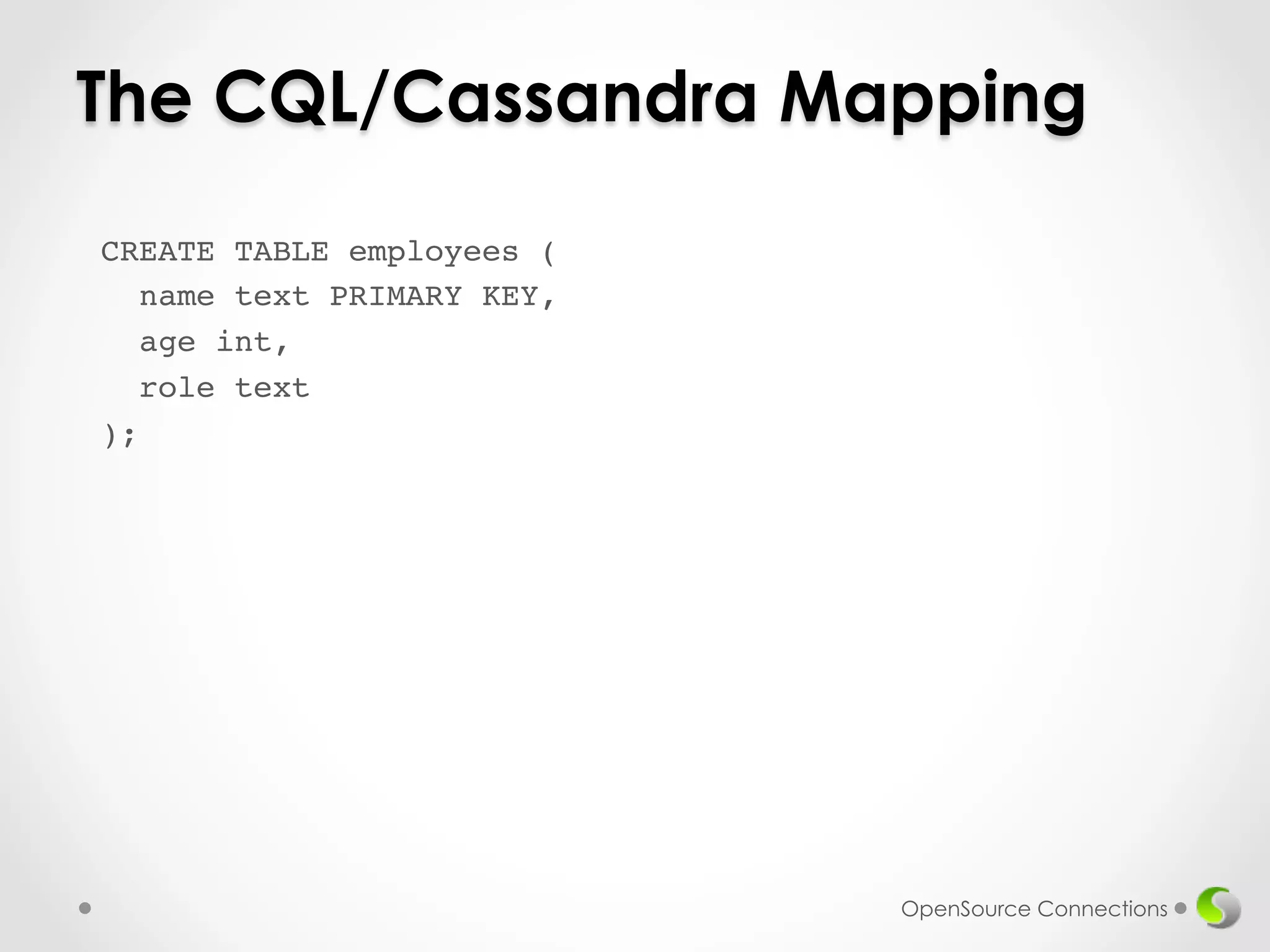 The CQL/Cassandra Mapping 
CREATE TABLE employees (! 
name text PRIMARY KEY,! 
age int,! 
role text! 
);! 
! 
OpenSource Connections 
 