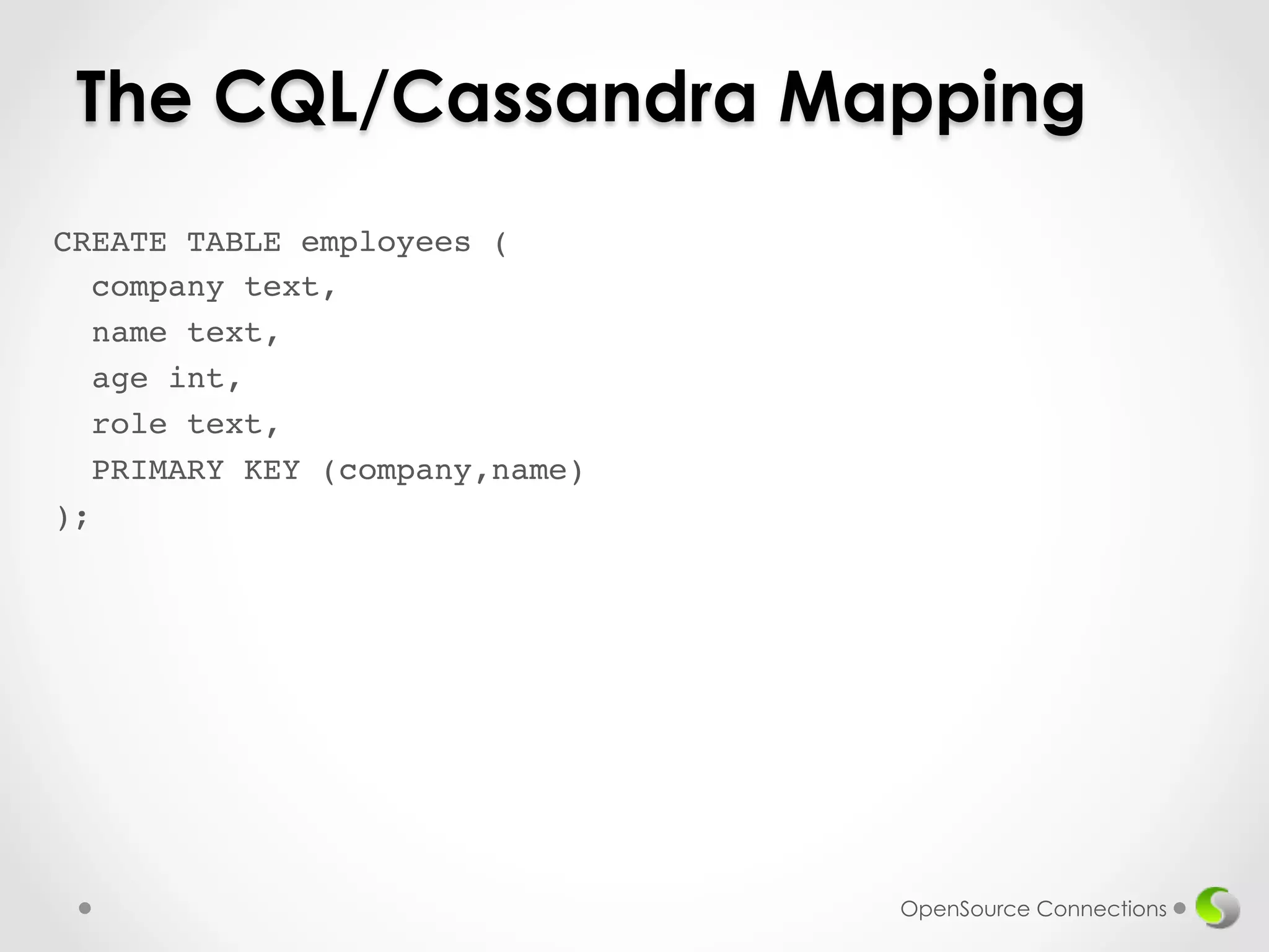 The CQL/Cassandra Mapping 
CREATE TABLE employees (! 
company text,! 
name text,! 
age int,! 
role text,! 
PRIMARY KEY (company,name)! 
);! 
! 
OpenSource Connections 
 
