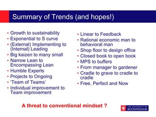 Summary of Trends (and hopes!)
• Growth to sustainability
• Exponential to S curve
• (External) Implementing to
(Internal) Leading
• Big kaizen to many small
• Narrow Lean to
Encompassing Lean
• Humble Experts
• Projects to Ongoing
• ‘Team of Teams’
• Individual improvement to
Team improvement
• Linear to Feedback
• Rational economic man to
behavioral man
• Shop floor to design office
• Closed book to open book
• MPS to buffers
• From manager to gardener
• Cradle to grave to cradle to
cradle
• Free, Perfect and Now
A threat to conventional mindset ?
 
