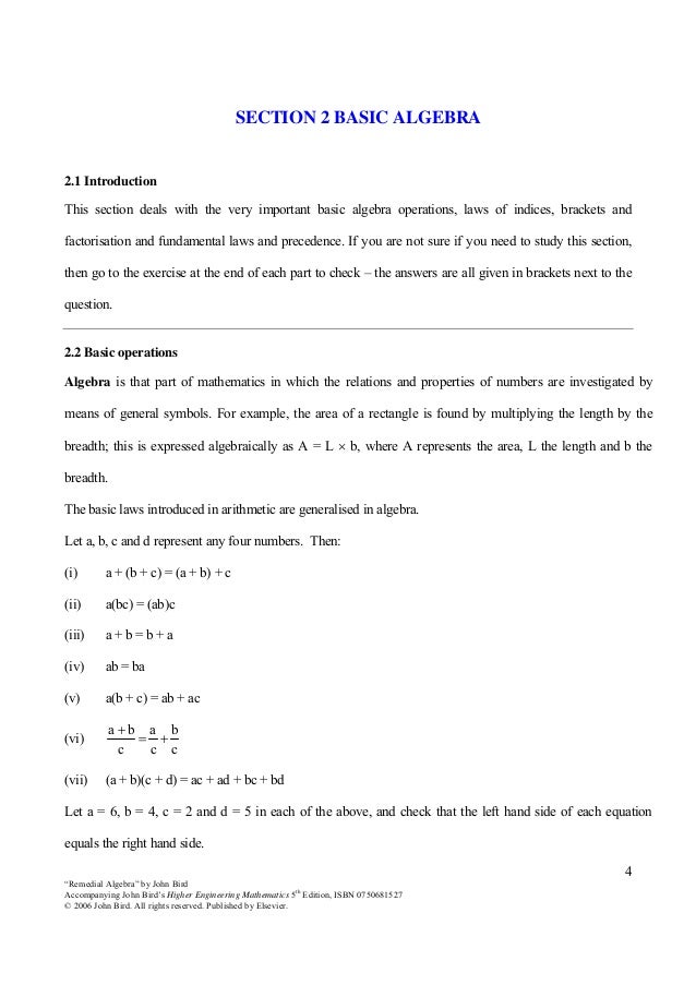 John bird higher engineering mathematics - 5e - remedial algebra