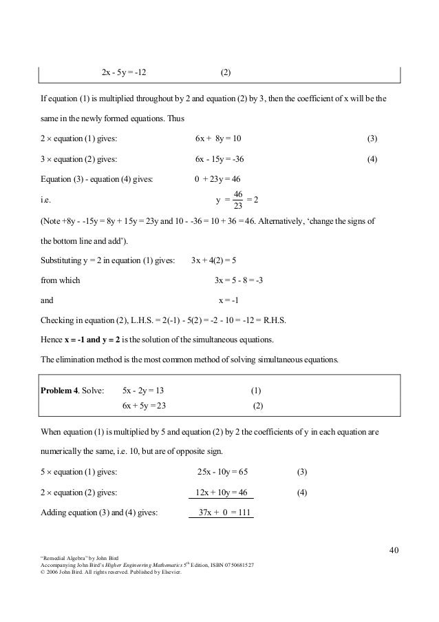John Bird Higher Engineering Mathematics 5e Remedial Algebra