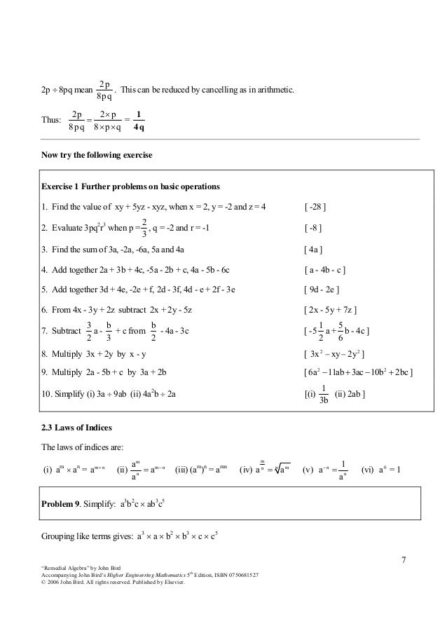 John Bird Higher Engineering Mathematics 5e Remedial Algebra John Bird Higher Engineering Mathematics 5e Remedial Algebra