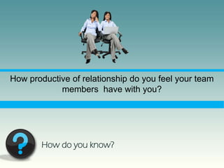 How productive of relationship do you feel your team
            members have with you?




        How do you know?
 