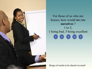 For those of us who are
 bosses, how would we rate
         ourselves ?
           1 to 5,
1 being bad, 5 being excellent
      1     2       3     4      5




Range of results to be shared via email
 
