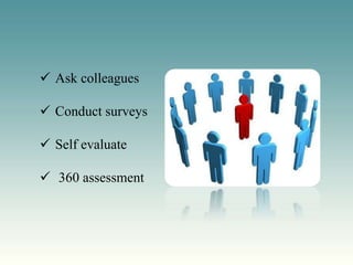  Ask colleagues

 Conduct surveys

 Self evaluate

 360 assessment
 