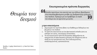 Θεωρία του
δεσμού
14
Εσωτερικευμένα πρότυπα διεργασίας
Bowlby, J. (1969). Attachment (τ. 1). NewYork: Basic
Books.
Σύνολο προτύπων του εαυτού και των άλλων, βασιζόμενο
στα επαναλαμβανόμενα μοτίβα της διαδραστικής εμπειρίας
του παιδιού. Χρήσιμα για να προβλέψει το παιδί
τον κόσμο και να σχετιστεί με αυτόν.
3 προ-απαιτούμενα
1. Δημιουργία του προτύπου βάσει των διαθέσιμων δεδομένων και
βιωμάτων του παιδιού
2. Το πρότυπο επεκτείνεται σε ένα φαντασιακό επίπεδο ώστε να
καλύψει και τρίτες, καινούργιες καταστάσεις
3. Τα εσωτερικευμένα πρότυπα διεργασίας εφαρμόζονται σε
πραγματικές και φαντασιακές εμπειρίες και ελέγχονται από το
παιδί για την εγκυρότητά τους.Έτσι ενδυναμώνονται,
αποδυναμώνονται, τροποποιούνται.
 