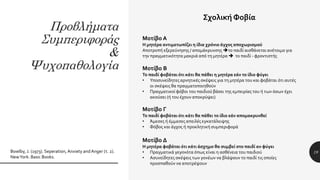 Προβλήματα
Συμπεριφοράς
&
Ψυχοπαθολογία
19Bowlby, J. (1973). Seperation, Anxiety andAnger (τ. 2).
NewYork: Basic Books.
Σχολική Φοβία
Μοτίβο Α
Η μητέρα αντιμετωπίζει η ίδια χρόνιο άγχος αποχωρισμού
Αποτροπή εξερεύνησης / απομάκρυνσης το παιδί αισθάνεται ανέτοιμο για
την πραγματικότητα μακριά από τη μητέρα  το παιδί - φροντιστής
Μοτίβο Β
Το παιδί φοβάται ότι κάτι θα πάθει η μητέρα εάν το ίδιο φύγει
• Υποσυνείδητες αρνητικές σκέψεις για τη μητέρα του και φοβάται ότι αυτές
οι σκέψεις θα πραγματοποιηθούν
• Πραγματικοί φόβοι του παιδιού βάσει της εμπειρίας του ή των όσων έχει
ακούσει (ή του έχουν αποκρύψει)
Μοτίβο Γ
Το παιδί φοβάται ότι κάτι θα πάθει το ίδιο εάν απομακρυνθεί
• Άμεσες ή έμμεσες απειλές εγκατάλειψης
• Φόβος και άγχος ή προκλητική συμπεριφορά
Μοτίβο Δ
Η μητέρα φοβάται ότι κάτι άσχημο θα συμβεί στο παιδί αν φύγει
• Πραγματικά γεγονότα όπως είναι η ασθένεια του παιδιού
• Ασυνείδητες σκέψεις των γονέων να βλάψουν το παιδί τις οποίες
προσπαθούν να αποτρέψουν
 