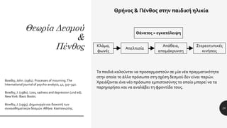 Θεωρία Δεσμού
&
Πένθος
28
Bowlby, John. (1961). Processes of mourning.The
International journal of psycho-analysis, 42, 317–340.
Bowlby, J. (1980). Loss, sadness and depression (2nd ed).
NewYork: Basic Books.
Bowlby, J. (1995). Δημιουργία και διακοπή των
συναισθηματικών δεσμών. Αθήνα: Καστανιώτης.
Θρήνος & Πένθος στην παιδική ηλικία
Κλάμα,
φωνές
Απελπισία
Απάθεια,
απομάκρυνση
Στερεοτυπικές
κινήσεις
Θάνατος = εγκατάλειψη
Τα παιδιά καλούνται να προσαρμοστούν σε μία νέα πραγματικότητα
στην οποία το άλλο πρόσωπο στη σχέση δεσμού δεν είναι παρών.
Χρειάζονται ένα νέο πρόσωπο εμπιστοσύνης το οποίο μπορεί να τα
παρηγορήσει και να αναλάβει τη φροντίδα τους.
 